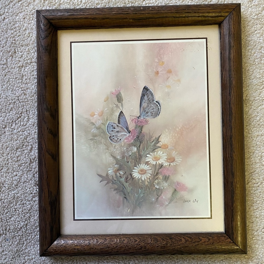 LENA LIU Vintage Wood Framed Signed Print “Butterflies and Wild Flowers"